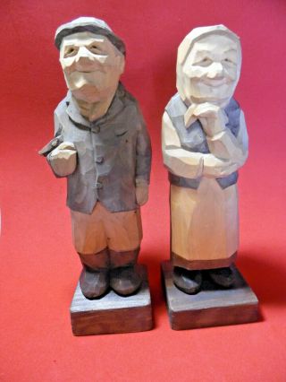 Hand Carved Old Man & Woman Wooden Figurines Finland Signed