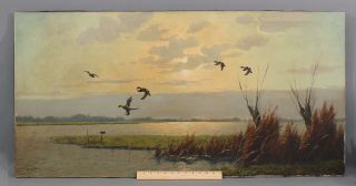 Authentic Van Der Velde Ducks Flying Over Marsh Morning Landscape Oil Painting