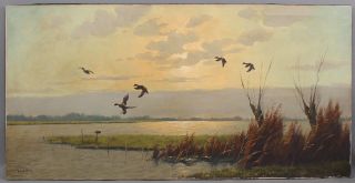 Authentic VAN DER VELDE Ducks Flying Over Marsh Morning Landscape Oil Painting 2