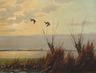 Authentic VAN DER VELDE Ducks Flying Over Marsh Morning Landscape Oil Painting 3