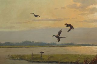 Authentic VAN DER VELDE Ducks Flying Over Marsh Morning Landscape Oil Painting 4