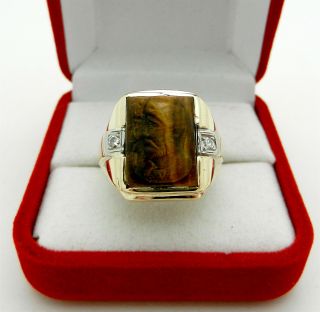 Vtg 10k Yellow Gold Ring Carved Roman Warrior Soldier Heads Diamond Accent 9 Gr