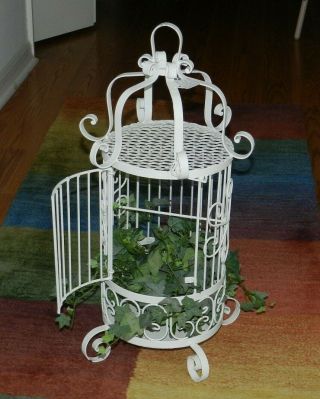 Vintage Large White Antique Wrought Iron Bird Cage Hanging Or Table Top