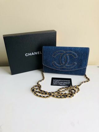 Rare Chanel Vintage Denim Wallet On Chain Woc Flap Bag Gold Hw