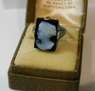 Vintage Black Onyx Cameo 18k White Gold Filigree Setting Size 5 Ring & Box 5d 37