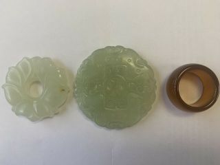 2 Chinese Natural Hetian Jade Carved Lucky Pendant,  Flower,  And 1 Agate Ring