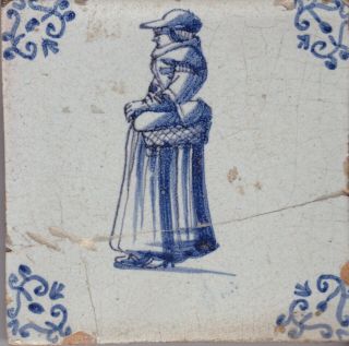 Delft Tile 18th - 19th Century (d 44) Lady With Basket