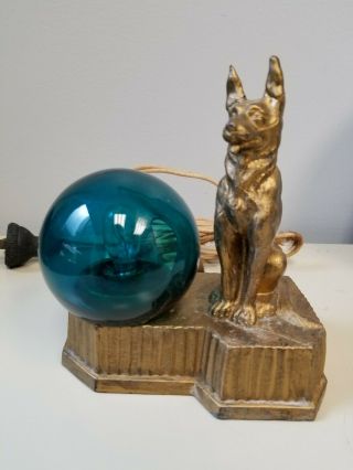 Vintage Antique German Shepherd Dog Table Desk Lamp With Blue/green Glass Globe