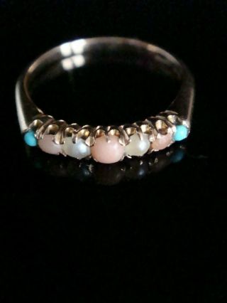 Edwardian 15ct Rose Gold Natural Turquoise,  Coral And Seed Pearl Ring