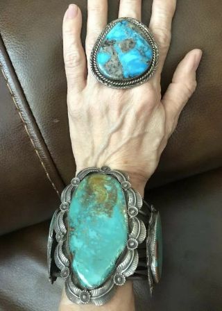 Ring Only Huge Vintage Signed Navajo Blue Diamond Turquoise Ss Ring 10.  5