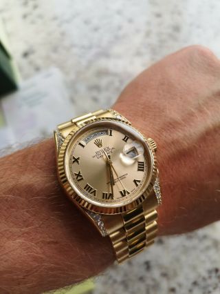 Rolex Day - Date 118338 18ct Gold Box Papers Rare Diamond Shoulders