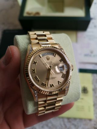 Rolex Day - Date 118338 18ct Gold Box Papers RARE Diamond Shoulders 3