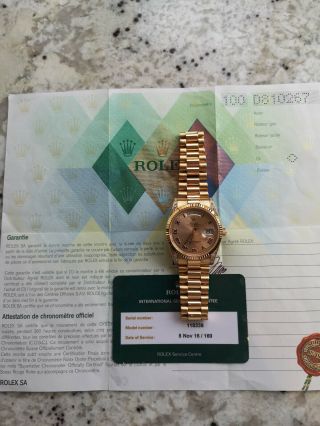 Rolex Day - Date 118338 18ct Gold Box Papers RARE Diamond Shoulders 9