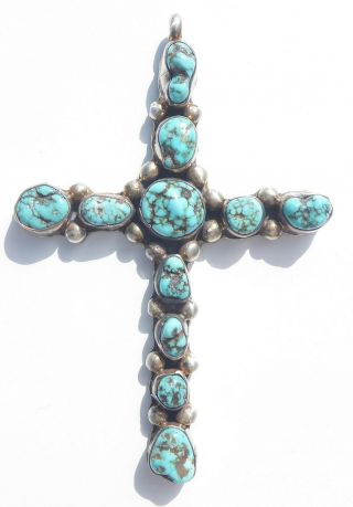 Large 3 1/2 " Vintage Sterling Turquoise Cross Pendant