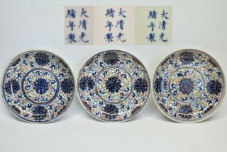 Antique 3 Chinese Guangxu Famille Rose Doucai Porcelain Shallow Bowls Saucers
