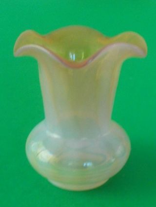 Vint.  Glossy Pink & Yellow Miniature Glass Vase Opalescent Stripes Unknown Maker