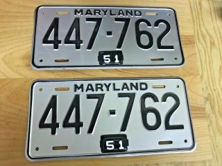 1948 1951 Maryland License Plate W/ 1951 Tab Pair Vintage Restored Show Quality