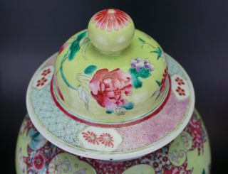 V - LARGE Antique Chinese Famille Rose Lime Green Enamel Vase & Lid 18/19th C QING 10