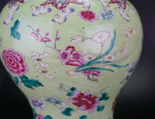 V - LARGE Antique Chinese Famille Rose Lime Green Enamel Vase & Lid 18/19th C QING 4