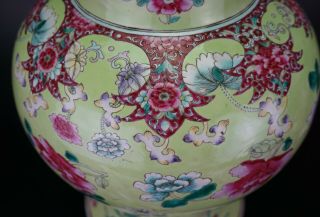 V - LARGE Antique Chinese Famille Rose Lime Green Enamel Vase & Lid 18/19th C QING 9