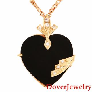 Italian Diamond Onyx 14k Yellow Gold Heart Pendant Chain Necklace 7.  0 Grams Nr