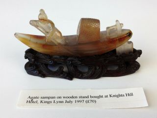 Antique / Vintage Chinese Agate Carving On Hardwood Stand - Sampan Model