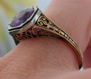 14k Antique Vintage Art Deco Floral Filigree Amethyst Solitaire Engagement Ring