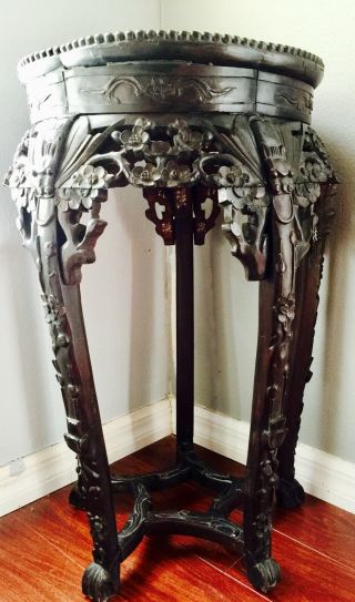 Antique Qing Ornate Rosewood Inset Marble Top Stand,  Chinese Markings Underside