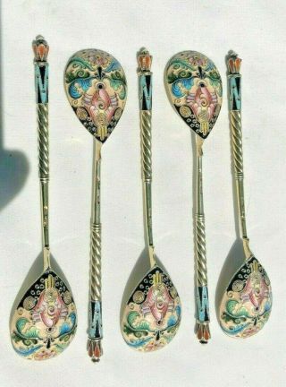 5 Faberge Enameled Spoons Moscow Carl Faberge Mark
