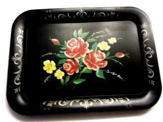 4 VINTAGE TV TRAY TABLES BLACK WITH RED ROSES 18 X 13 X 35 BRILLIANT COLORS WOW 2