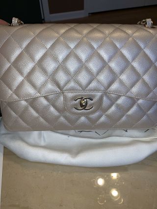 Chanel Caviar Leather Double Flap Bag Pearlized Tan Rare Color Gold Hardware