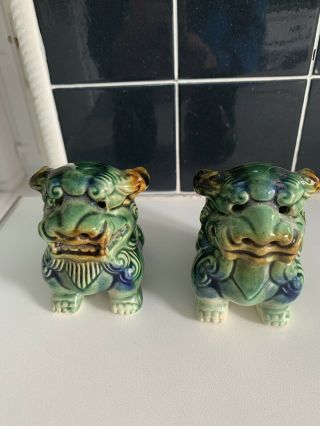 Vintage Chinese Blue Glazed Fu Foo Dog Lion Figurines.