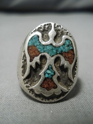 Tremendous Vintage Navajo Turquoise Coral Inlay Sterling Silver Ring