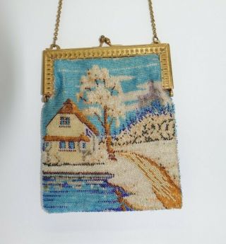 Vintage Micro Beads Glass Beaded Country House Trees Creek Purse Scene Antique