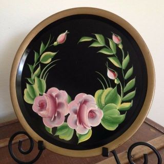 Vintage,  Tole Tray Hand Painted,  1900 - 1940 Americana,  Black Pink Rose/green