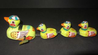 Vintage Tin Mechanical Wind Up Duck Toy With Baby Ducks