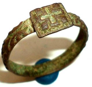 Ancient Medieval Bronze Finger Ring With Cross On Bezel.