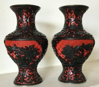 Chinese Black & Red Cinnabar Lacquer Lotus Landscape Salamander Vases Vase