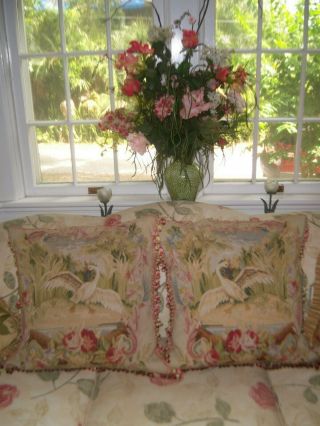 Antique French Country Wool Aubusson Tapestry Swan PIllows,  2 Rooster 10