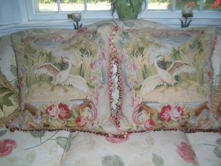 Antique French Country Wool Aubusson Tapestry Swan PIllows,  2 Rooster 11
