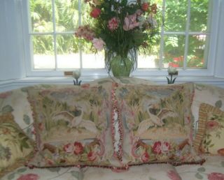 Antique French Country Wool Aubusson Tapestry Swan PIllows,  2 Rooster 12