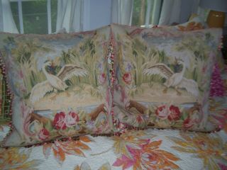 Antique French Country Wool Aubusson Tapestry Swan Pillows,  2 Rooster