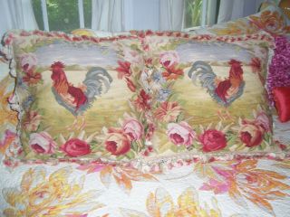 Antique French Country Wool Aubusson Tapestry Swan PIllows,  2 Rooster 2