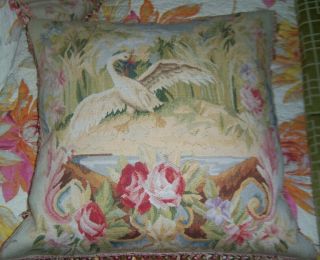 Antique French Country Wool Aubusson Tapestry Swan PIllows,  2 Rooster 3