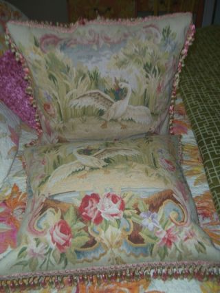 Antique French Country Wool Aubusson Tapestry Swan PIllows,  2 Rooster 4