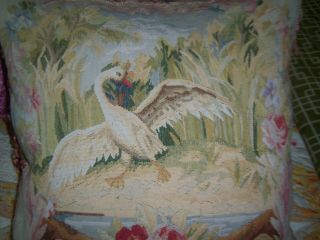 Antique French Country Wool Aubusson Tapestry Swan PIllows,  2 Rooster 6