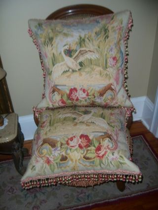 Antique French Country Wool Aubusson Tapestry Swan PIllows,  2 Rooster 8