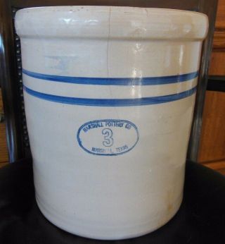 Vintage Marshall Pottery Crock 3 Gallon Double Blue Stripe