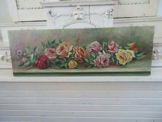 Omg Old Antique Yard Long Rose Oil Painting Pink Cranberry Yellow Roses Canvas