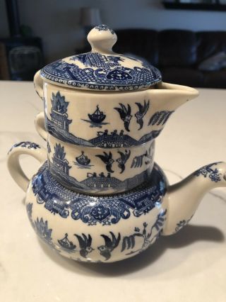 Antique Blue Willow Stacking Tea Pot With Creamer And Sugar,  Very Hard To Find